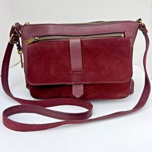 Fossil Maroon Leather Suede Crossbody Bag Burgundy Flap Purse Adjustable Strap